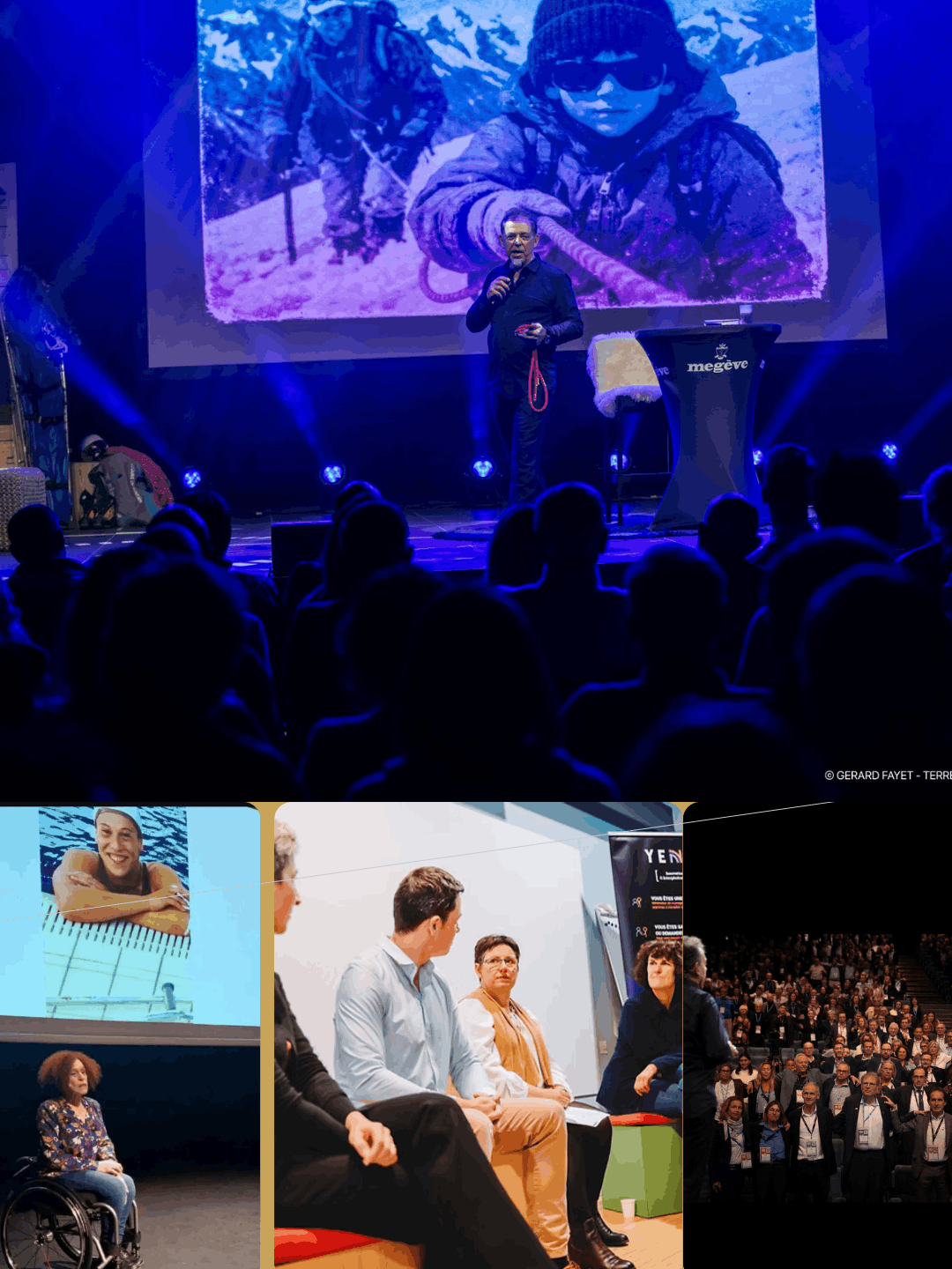 Montage photo montrant la conception de conférences, le travail des techniques d'expression scénique et l'art oratoire pour un événement d'envergure avec l'agence Marie Leresteux.
