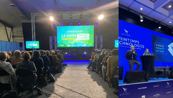 Montage de photos montrant des interventions sur scène et des entraînements de conférenciers lors d'événements professionnels.