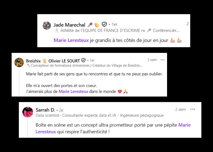 Recommandations LinkedIn sur le concept Boîte en scène de Marie Leresteux, coach en prise de parole