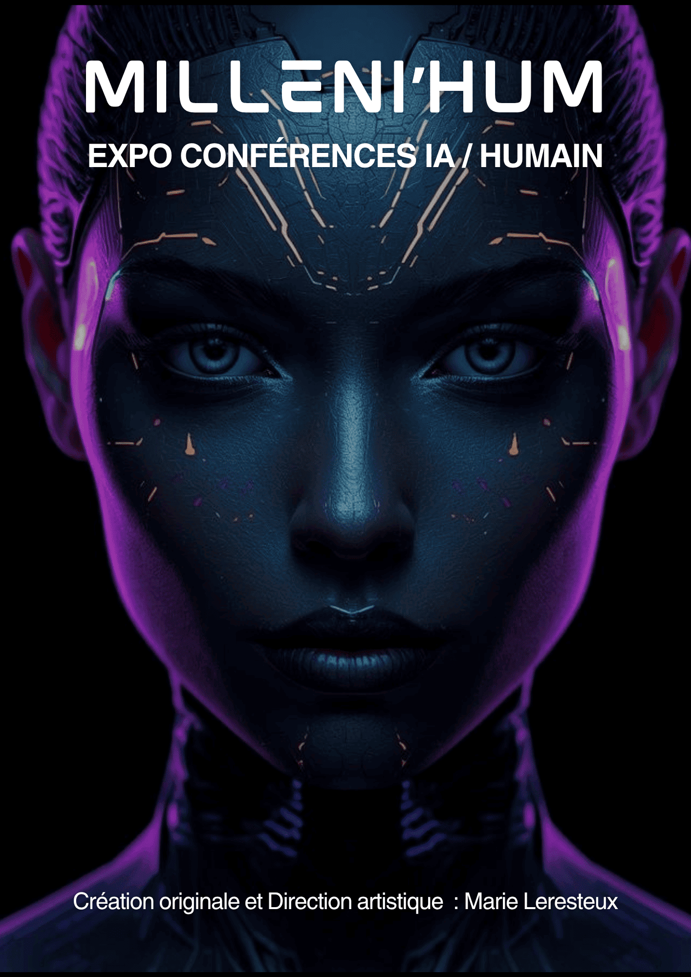 Affiche officielle de l'expo-conférence Milleni'Hum, une création originale de Marie Leresteux sur l'intelligence artificielle (IA), le management et l'innovation en entreprise.