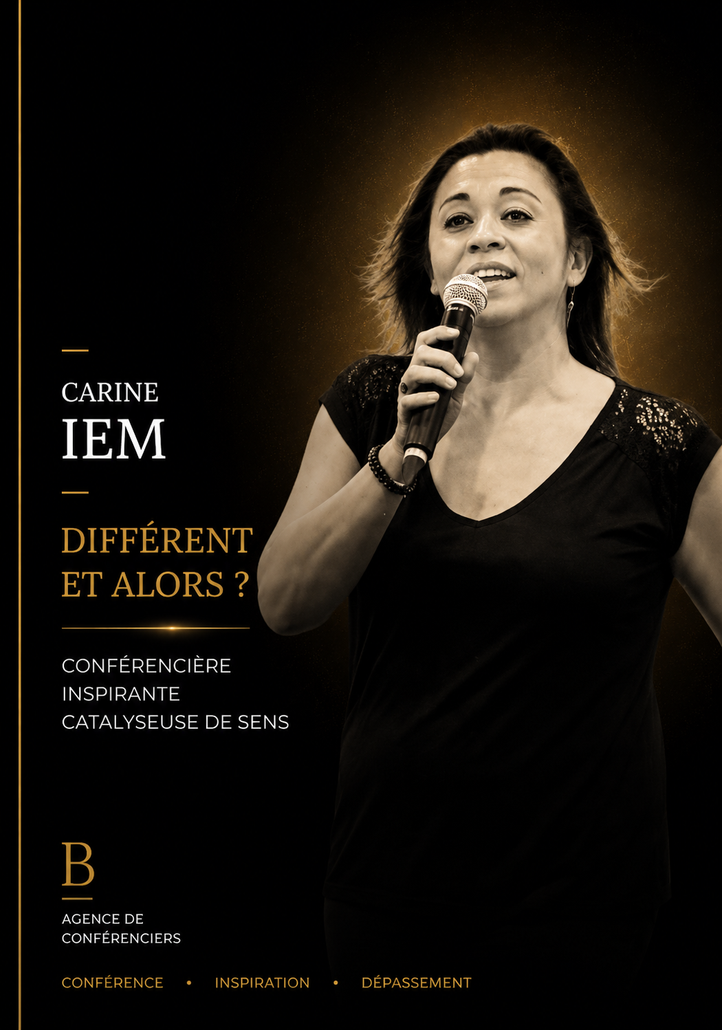 Affiche officielle de la conférence Différent et alors ? par Carine Iem, proposée par l'agence de conférenciers Marie Leresteux sur les thèmes du leadership au féminin, de la diversité et de l'inclusion.