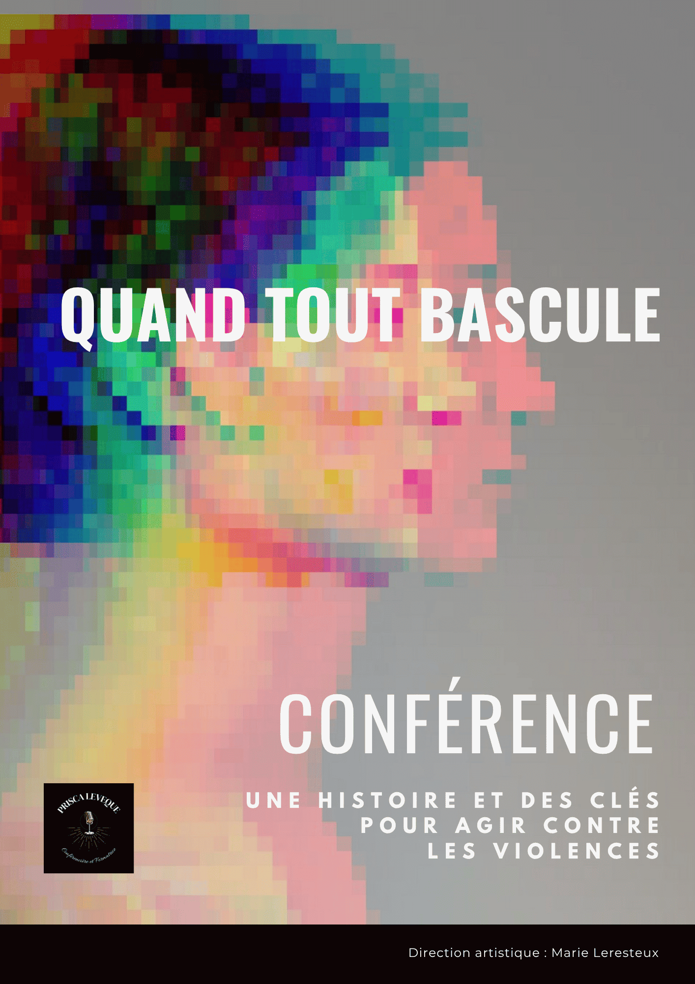 Plaquette de présentation de la conférence sur les violences faites aux femmes de Prisca, développée en coaching marketing et création de contenu avec Marie Leresteux.