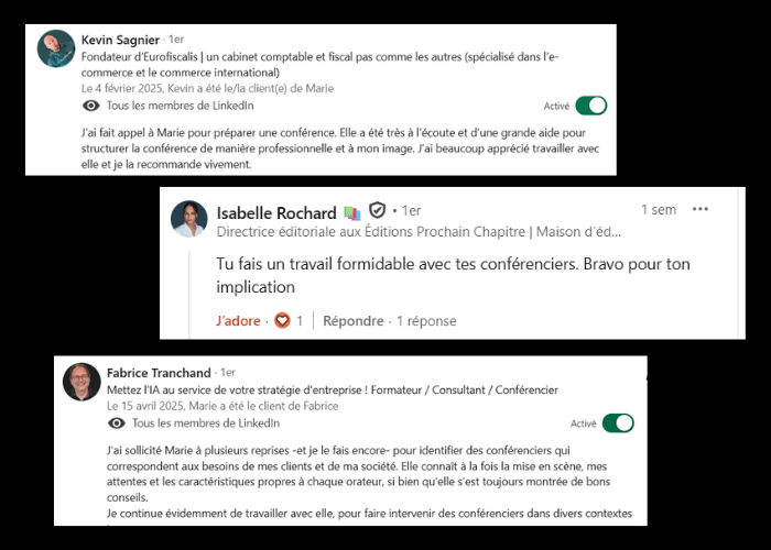 Avis LinkedIn de clients B2B sur l'accompagnement de conférenciers par Marie Leresteux